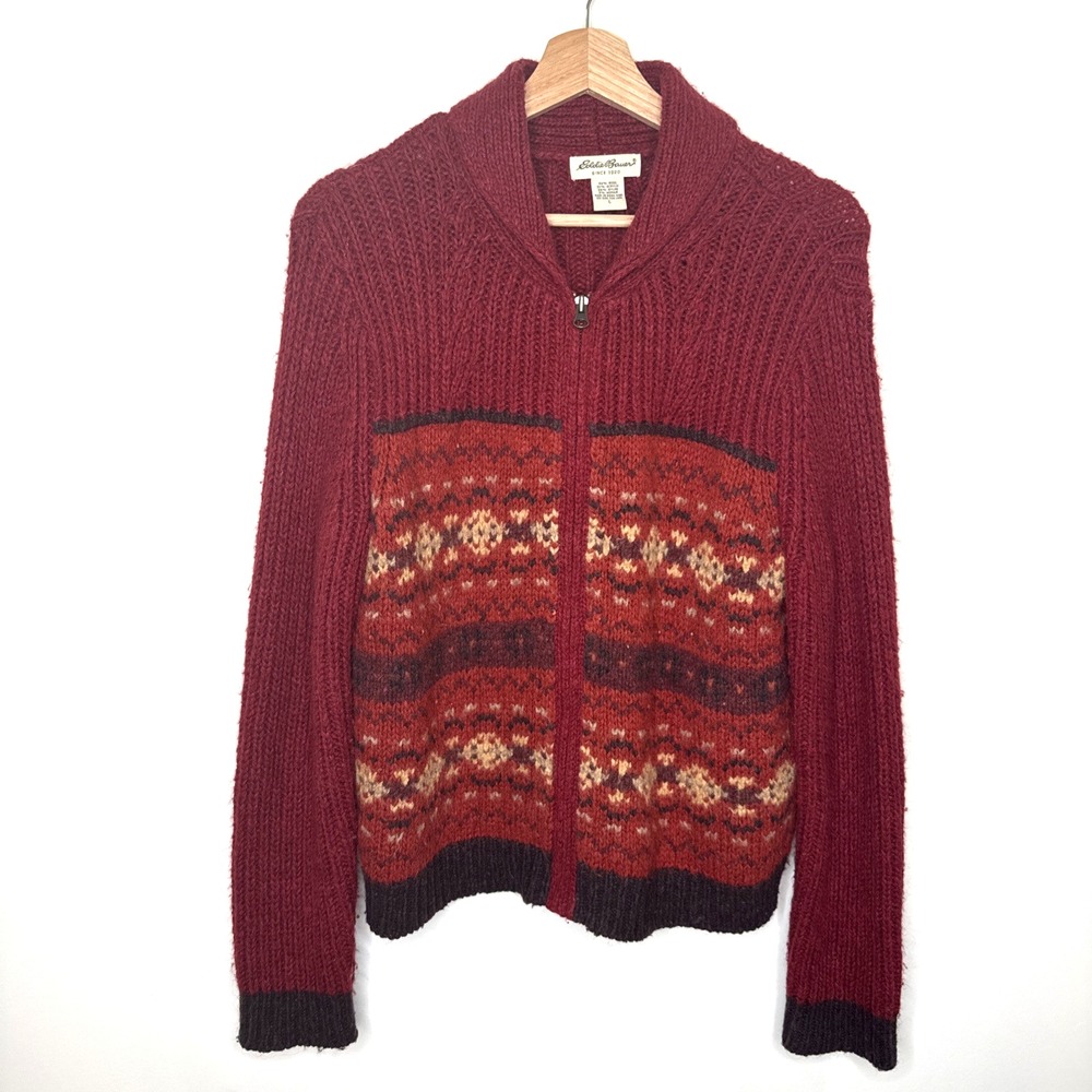 Vintage Eddie Bauer Fair Isle Wool Zip Sweater Cardigan Women L Nordic Fisherman
